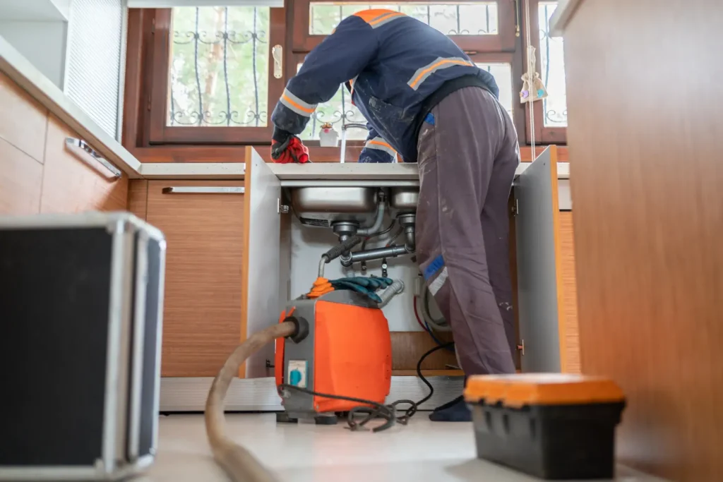Clogged Drain Service in Downingtown, PA 1 Plumber repairing kitchen sink plumbing with tools and equipment, including vacuum machine and toolbox