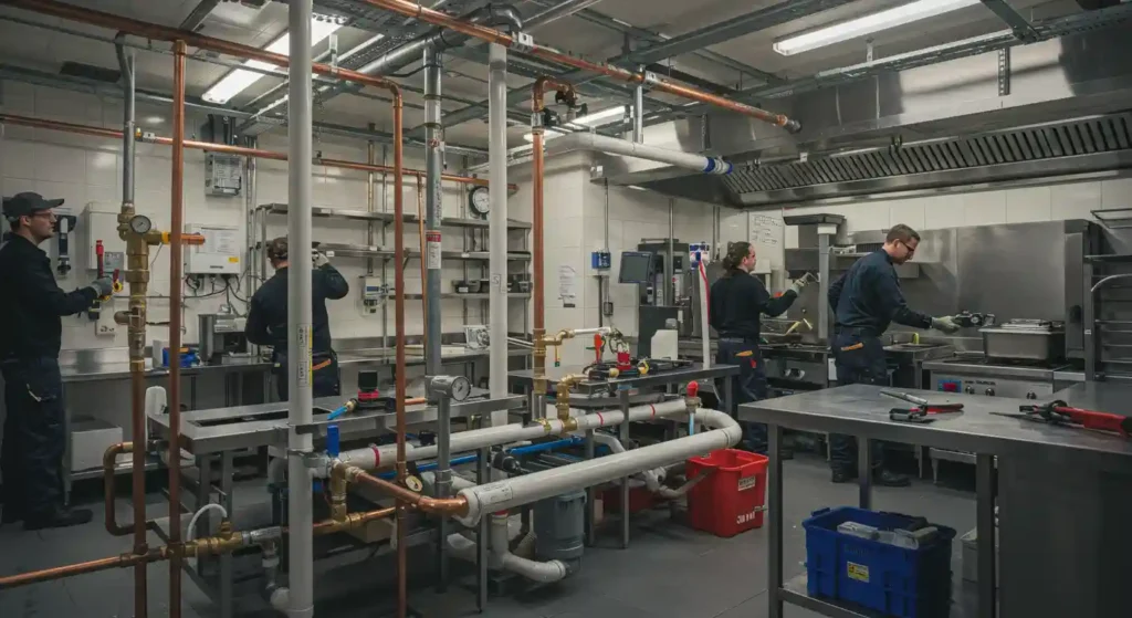 Plumber in West Chester, PA 1 A busy industrial kitchen with workers adjusting equipment, featuring pipes, metal surfaces, and cooking appliances.