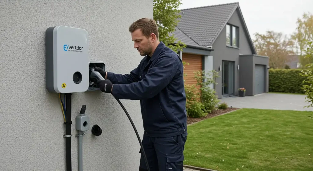 EV Charger Installation In Pottstown, PA 1 Man installing an EV charger outside home.
