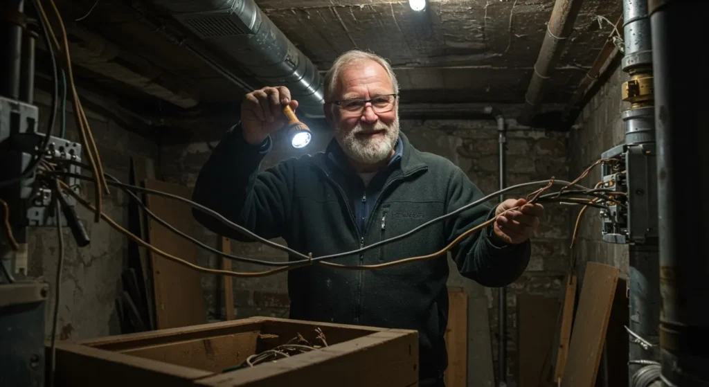 A smiling, bearded male electrician with glasses is holding a flashlight above his head and a bundle of wires in his other hand, standing in a dimly lit basement with exposed pipes and electrical boxes.