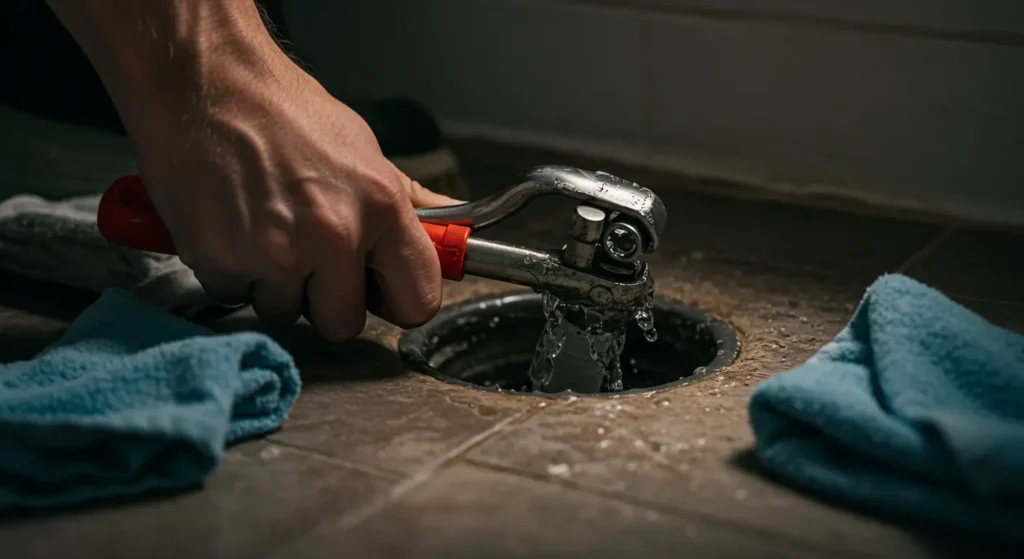 Emergency Plumber in Pottstown, PA 1 A hand uses a wrench to repair a leaking pipe at a floor drain, with blue towels nearby to absorb water.