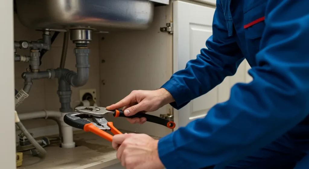 Plumbing Services in West Chester, PA 1 A plumber wearing a blue uniform repairs pipes under a kitchen sink using pliers, focusing on the plumbing details.