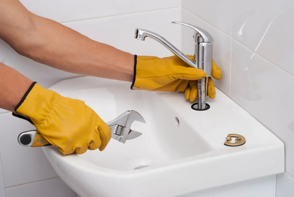 Plumbing Service in Coatesville, PA 1 Person in yellow gloves tightening faucet on white sink with wrench
