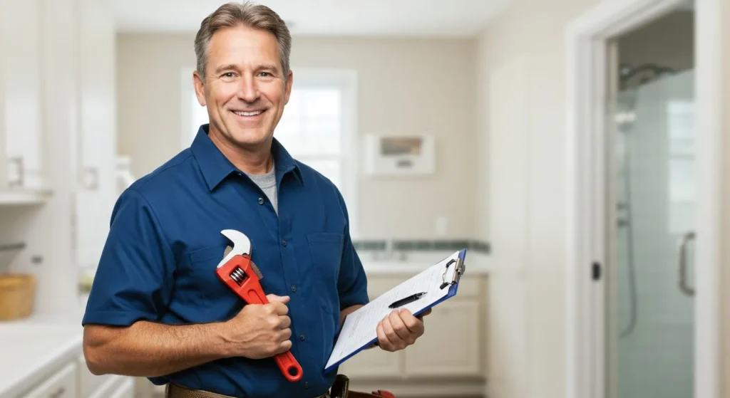 Plumber In Pottstown, PA 1 Smiling plumber with wrench and clipboard.