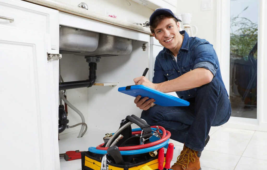 Plumbing Services In Pottstown, PA 1 Smiling plumber inspecting sink pipes and writing.