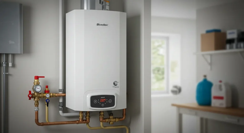 Emergency Tankless Water Heater Repair in West Chester, PA 1 A modern white water heater mounted on a wall, featuring gauges and pipes, in a well-lit utility room with a window.