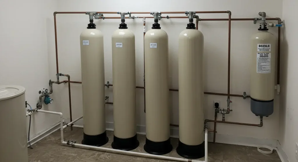 Water Softener in Pottstown, PA 1 A row of four tall beige water filtration tanks connected by copper piping, situated in a utility room with a porcelain tank on the left.