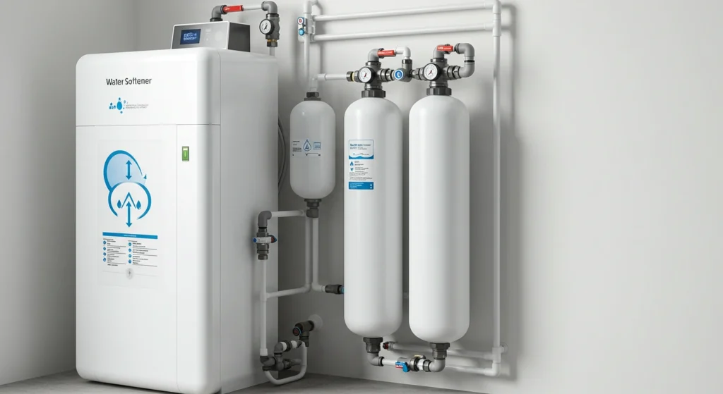 Water Softener in Coatesville, PA 1 White water softener system with multiple tanks.