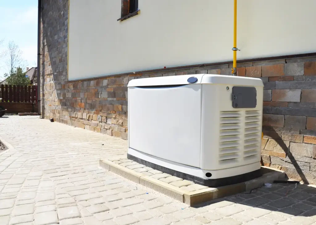 Whole Home Generator Services In Downingtown, PA 1 A white standby generator sits on a paved patio next to a house with brick and siding.