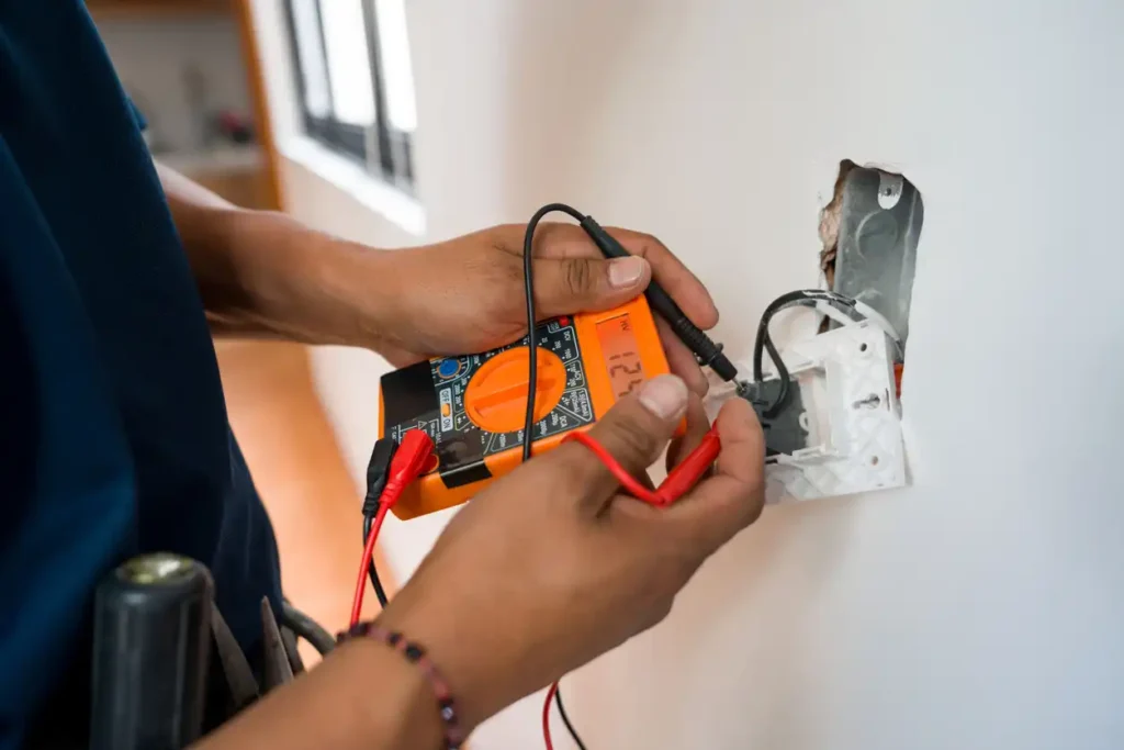 Electrical Service In Phoenixville, PA 1 A person's hands use an orange multimeter to test an electrical outlet that is partially removed from a white wall.