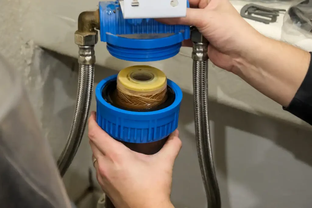 Water Softener In Downingtown, PA 1 A person's hands are shown replacing a dirty, yellow water filter cartridge inside a blue housing connected to two metal pipes.