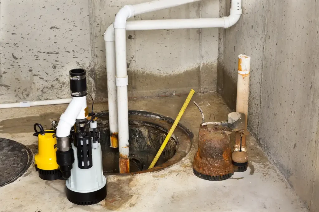 Sump Pumps In Phoenixville, PA 1 Two sump pumps and associated piping in a concrete basement, one new and yellow, the other old and rusty.